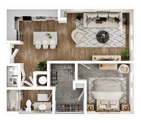 Floor plan for 1 bed, 1 bath, 839 sqft